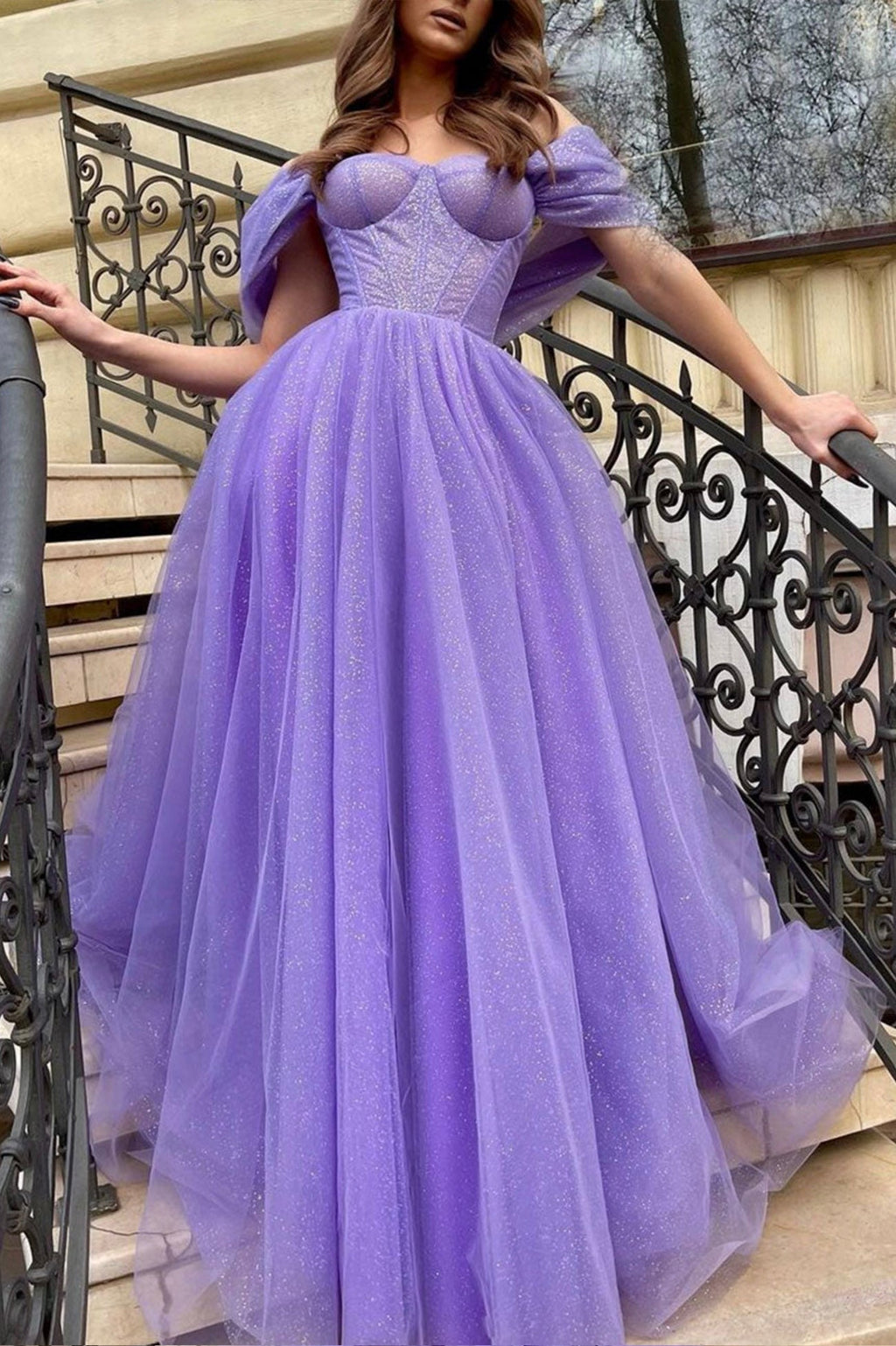 Cheyenne | Lila Tüll Langes A-Linien Ballkleid Off-Shoulder Abend Partykleid