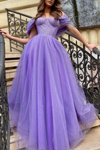 Cheyenne | Lila Tüll Langes A-Linien Ballkleid Off-Shoulder Abend Partykleid