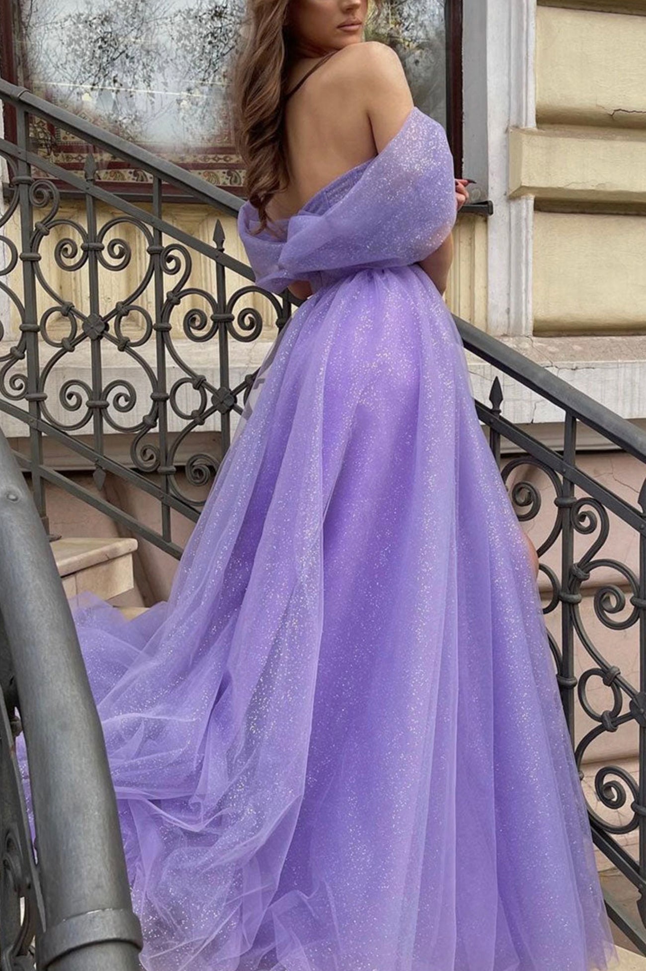 Cheyenne | Lila Tüll Langes A-Linien Ballkleid Off-Shoulder Abend Partykleid