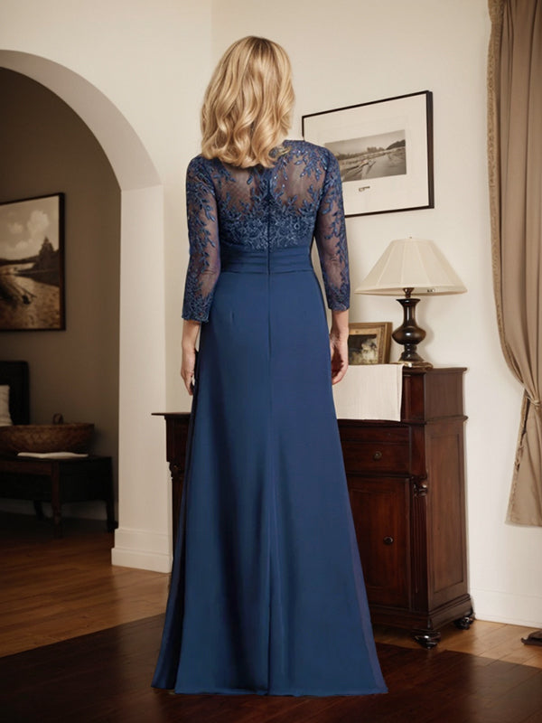 Vestido de madre de la novia de gasa con encaje, escote en V, ilusión, largo hasta el suelo, con lentejuelas plisadas