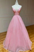 Elodie | Rosa Tüll Langes Rückenfreies Ballkleid A-Linie V-Ausschnitt Partykleid