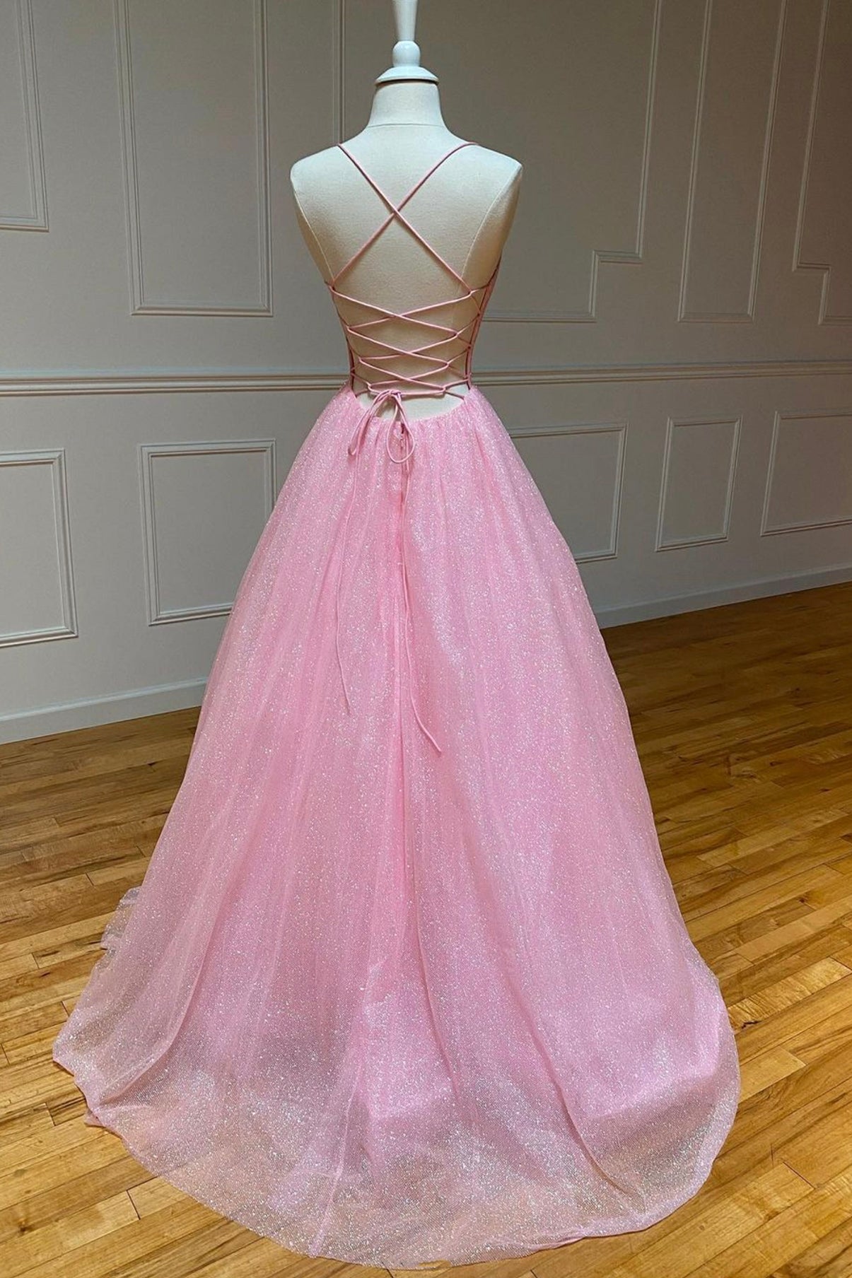 Elodie | Rosa Tüll Langes Rückenfreies Ballkleid A-Linie V-Ausschnitt Partykleid