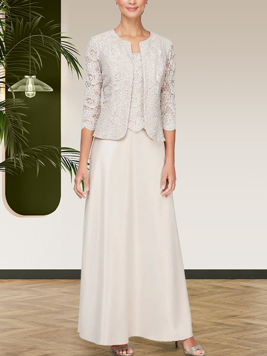 Jackenkleid aus Glitzerspitze und Satinrock mit offener Jacke