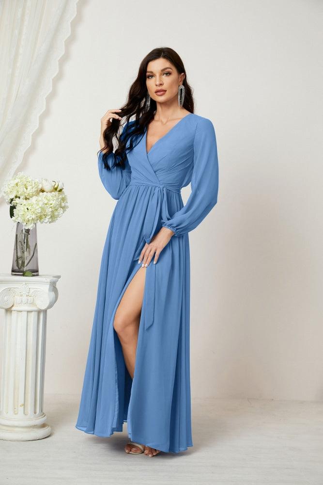 Vestidos de noche Sunnderly con escote en V profundo, gasa, para dama de honor, manga larga de obispo, abertura lateral, vestido formal SY2806 
