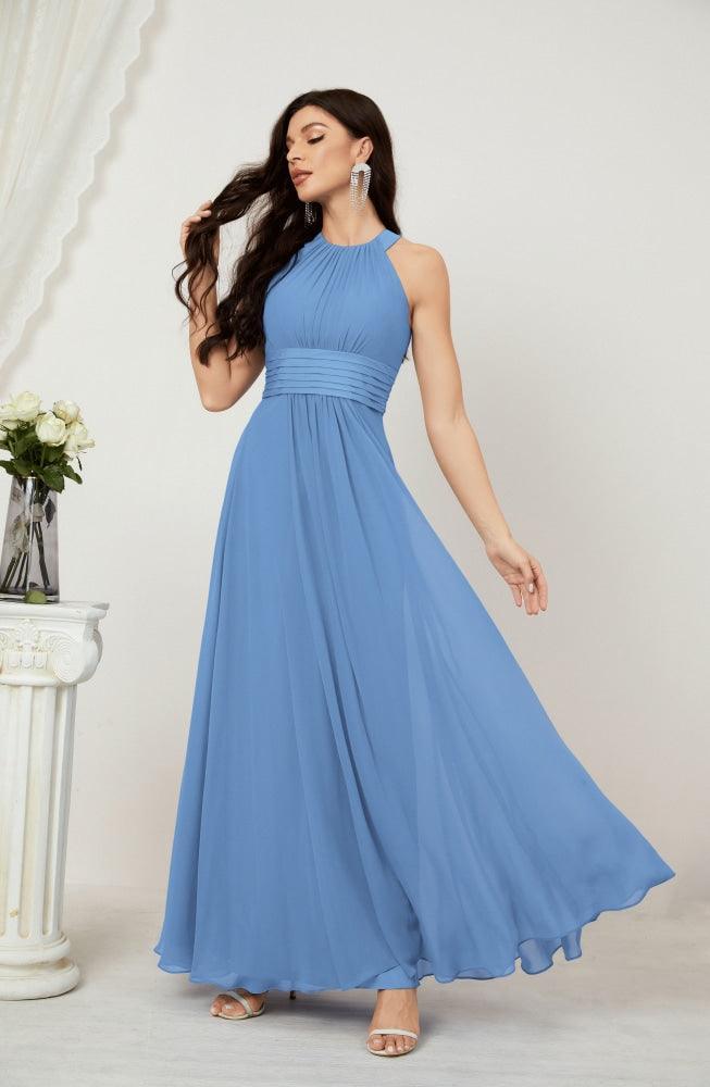 Vestido formal de fiesta Sunnderly de gasa con cuello halter, largo y sin mangas, para dama de honor SY2802 
