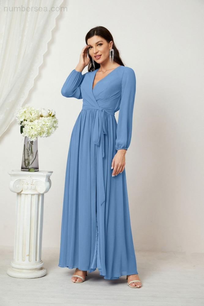 Vestidos de noche Sunnderly con escote en V profundo, gasa, para dama de honor, manga larga de obispo, abertura lateral, vestido formal SY2806 