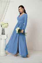 Vestidos de noche Sunnderly con escote en V profundo, gasa, para dama de honor, manga larga de obispo, abertura lateral, vestido formal SY2806 