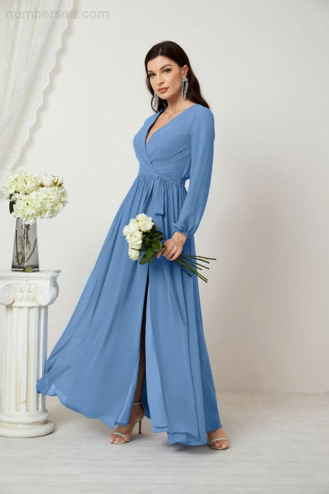 Vestidos de noche Sunnderly con escote en V profundo, gasa, para dama de honor, manga larga de obispo, abertura lateral, vestido formal SY2806 