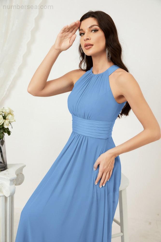 Vestido formal de fiesta Sunnderly de gasa con cuello halter, largo y sin mangas, para dama de honor SY2802 