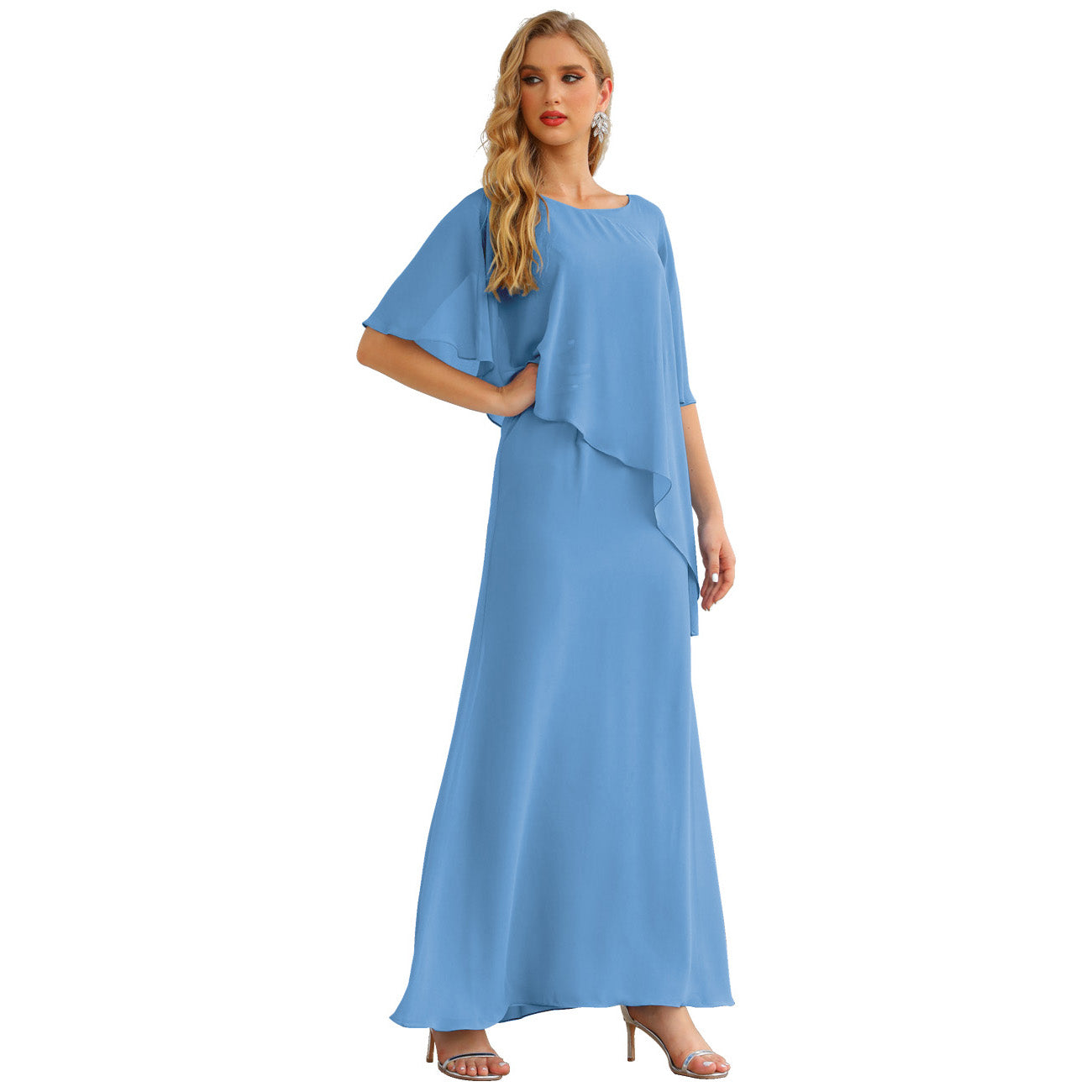 Sunnderly Chiffon Plus Size Mother of The Bride Dresses Formal Prom Gown Ruffle Cape