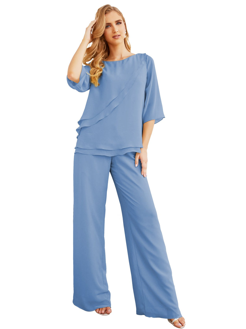 Elegante vestido de dos piezas para madre de la novia, talla grande, pantalón, capas con volantes, bata plateada SY28064 