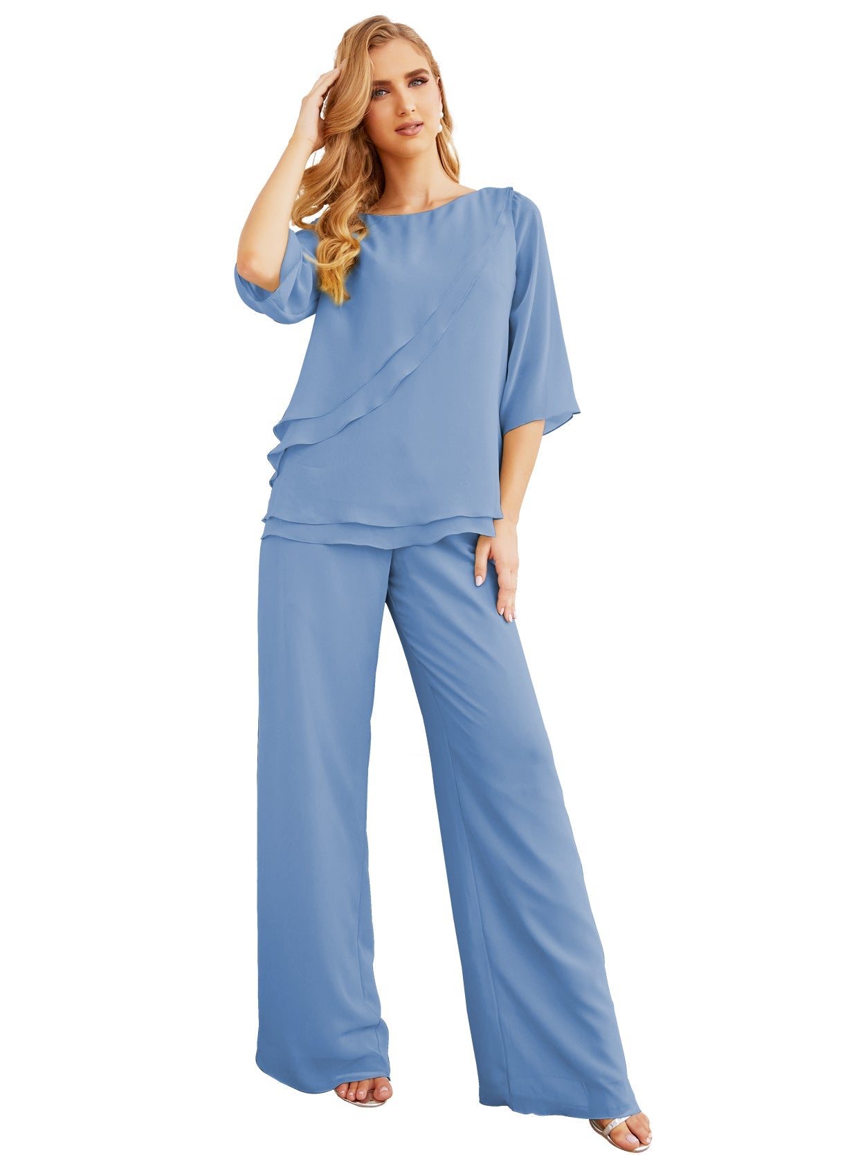 Elegante vestido de dos piezas para madre de la novia, talla grande, pantalón, capas con volantes, bata plateada SY28064 