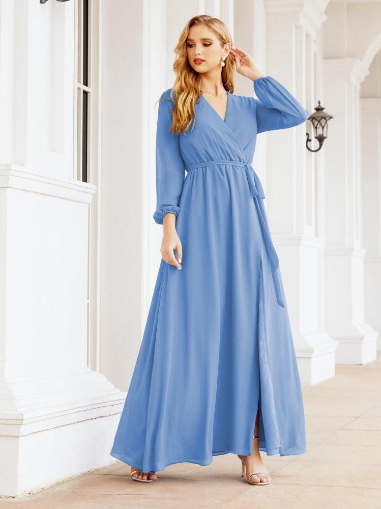 Sunnderly Women's Chiffon Bridesmaid Dress A line Long Sleeves Formal Evening Prom Gown for Wedding Guest SY28032