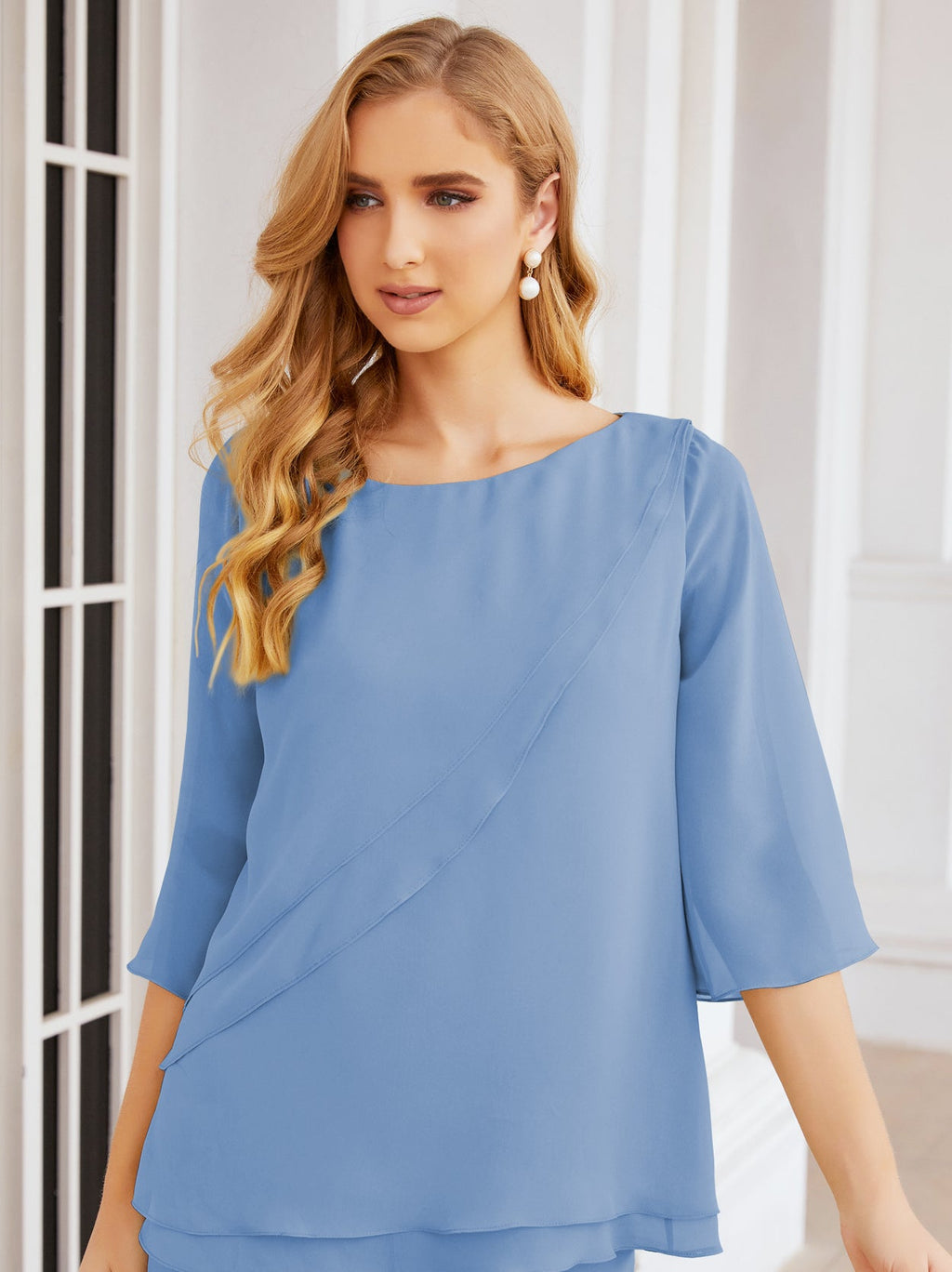 Elegante vestido de dos piezas para madre de la novia, talla grande, pantalón, capas con volantes, bata plateada SY28064 