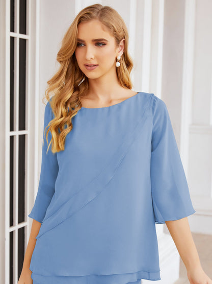 Sunnderly Elegant 2 Piece Mother of The Bride Dress Plus Size Pant Suits Ruffle Layers Sliver Housecoat SY28064