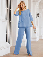 Elegante vestido de dos piezas para madre de la novia, talla grande, pantalón, capas con volantes, bata plateada SY28064 