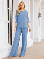Elegante vestido de dos piezas para madre de la novia, talla grande, pantalón, capas con volantes, bata plateada SY28064 