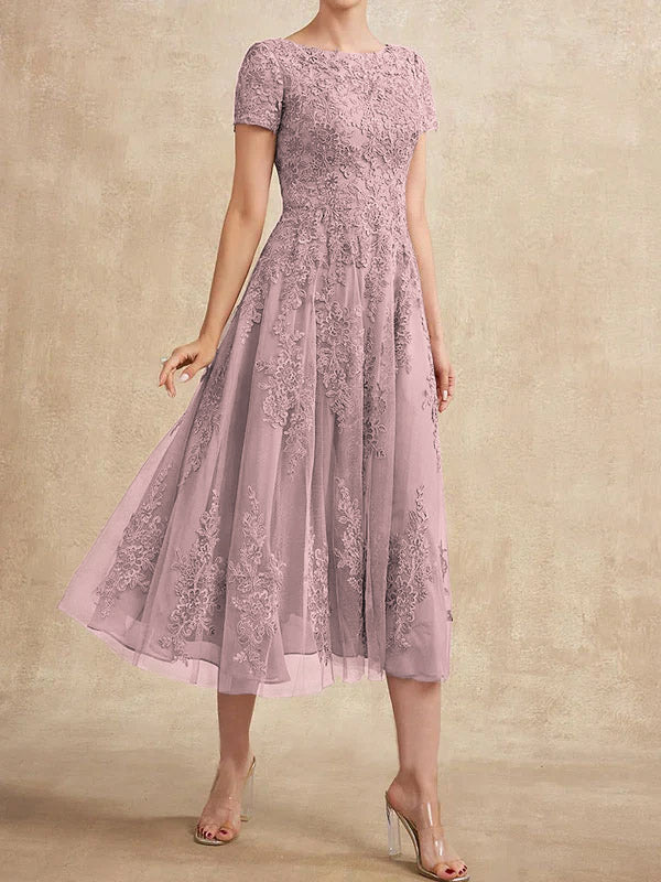 Vestido de madre de la novia de tul con encaje y corte en A, largo hasta la rodilla