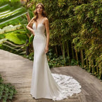 Elegante vestido de novia de sirena, blanco, escote en V, encaje, espalda abierta, tirantes finos, cola larga 