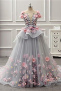 Becky | Elegante vestido de fiesta largo gris con espalda con cordones y apliques florales
