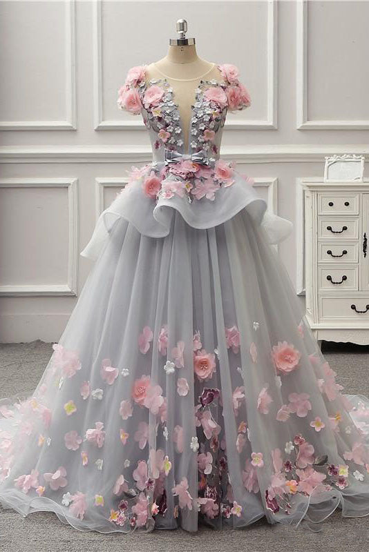 Becky | Elegante vestido de fiesta largo gris con espalda con cordones y apliques florales