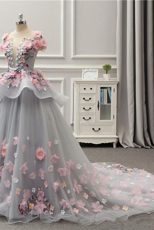 Becky | Elegante vestido de fiesta largo gris con espalda con cordones y apliques florales