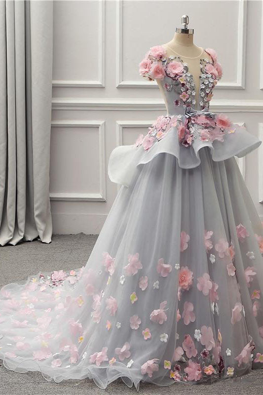 Becky | Elegante vestido de fiesta largo gris con espalda con cordones y apliques florales