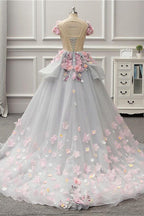 Becky | Elegante vestido de fiesta largo gris con espalda con cordones y apliques florales