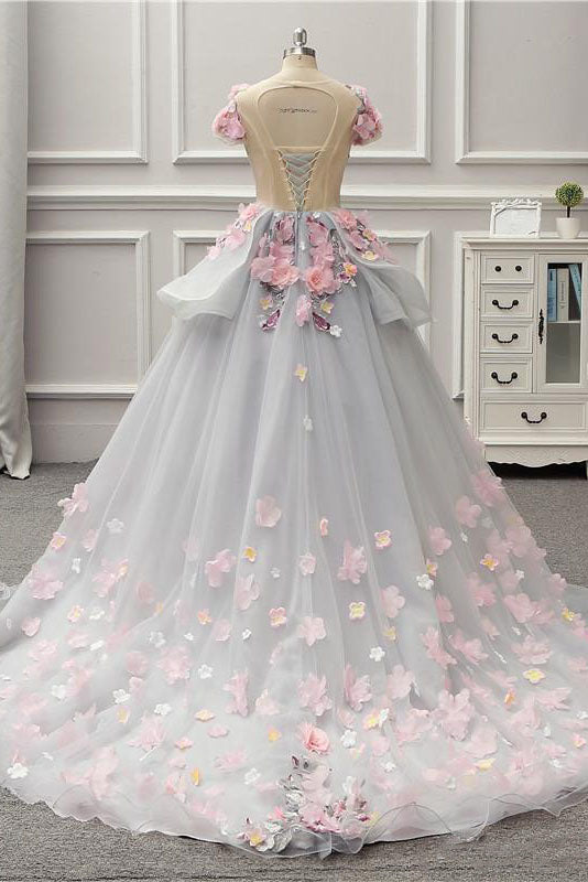 Becky | Elegante vestido de fiesta largo gris con espalda con cordones y apliques florales