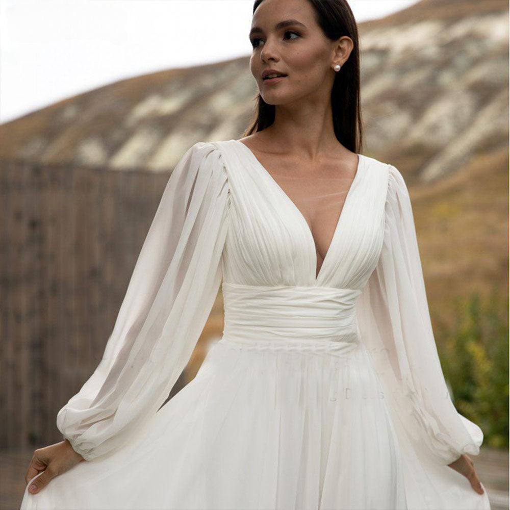 Simple Puff Sleeve Wedding Dress Bridal Long A Line Backless Beach Bride Gown Sweep Train Chiffon Robe De Mariée Vestidos-payinti