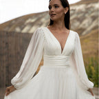 Simple Puff Sleeve Wedding Dress Bridal Long A Line Backless Beach Bride Gown Sweep Train Chiffon Robe De Mariée Vestidos-payinti