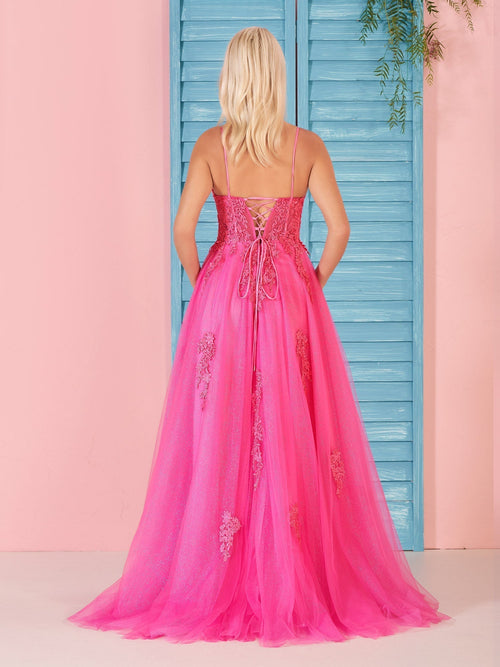 Angelina | Vestido de fiesta largo de encaje rosa con escote en V y corte A