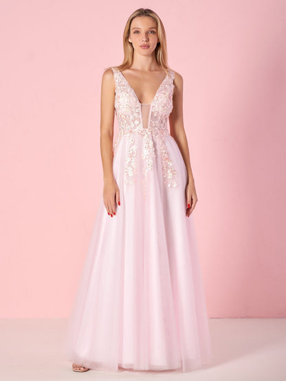 Elegantes bodenlanges A-Linien-Ballkleid aus Tüll mit V-Ausschnitt und Spitzenapplikationen