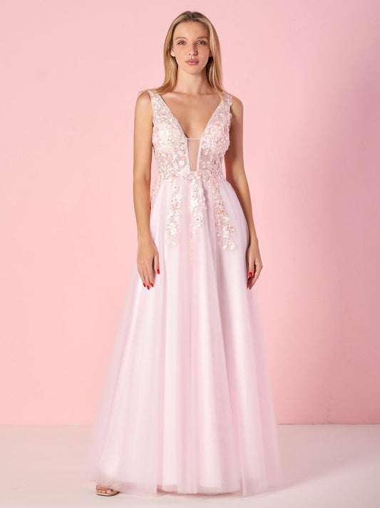 Elegantes bodenlanges A-Linien-Ballkleid aus Tüll mit V-Ausschnitt und Spitzenapplikationen