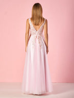 Elegante vestido de fiesta de tul con escote en V, corte A y largo hasta el suelo con apliques de encaje