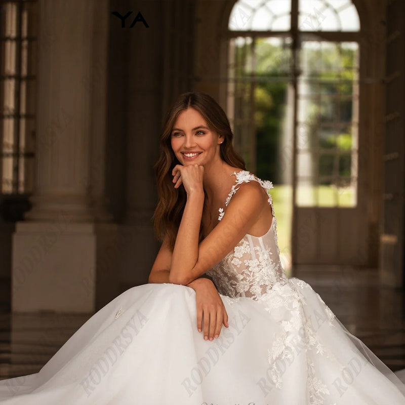 Sexy V-Neck Backless Wedding Dress For Women Romantic Tulle Spaghetti Straps Bride Party A-line Sleeveless Bridal Gown-payinti