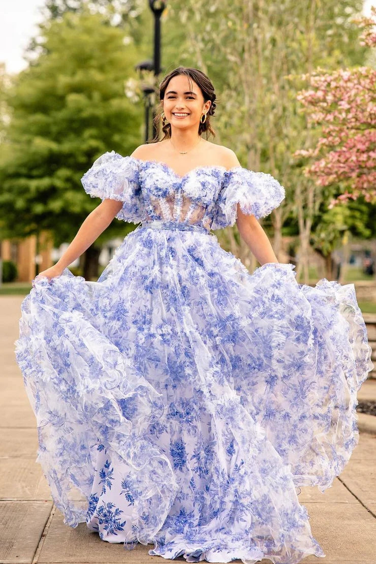 Sydney | Vestido de fiesta largo de tul con escote en forma de corazón y estampado