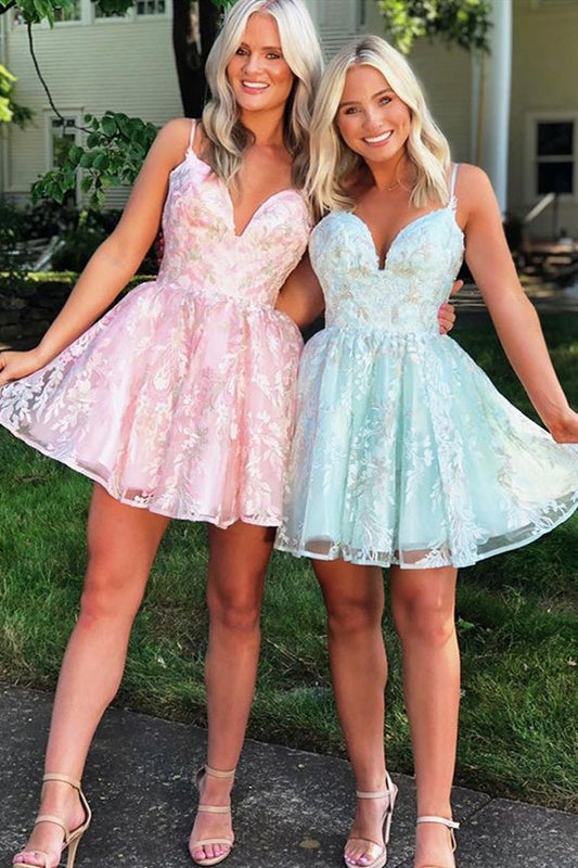 Mel |A-Linie Spaghettiträger Kurzes Homecoming-Kleid aus Spitze