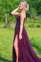 Alyssa | Pflaumenfarbenes Tüll-Ballkleid mit Herzausschnitt und Schlitz