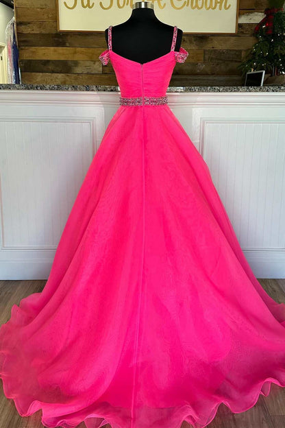 Pinkes, perlenbesetztes A-Linien-Ballkleid mit schulterfreien Ärmeln