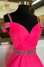 Vestido de fiesta de corte A con hombros descubiertos y cuentas en rosa intenso