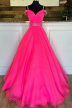 Vestido de fiesta de corte A con hombros descubiertos y cuentas en rosa intenso