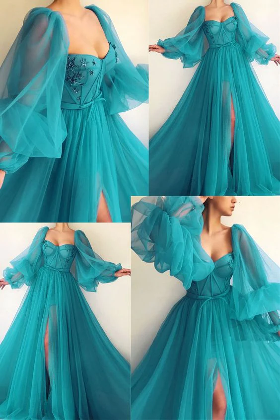 Vestidos de fiesta con mangas abullonadas y abertura lateral, corte A, vestidos de noche Y514