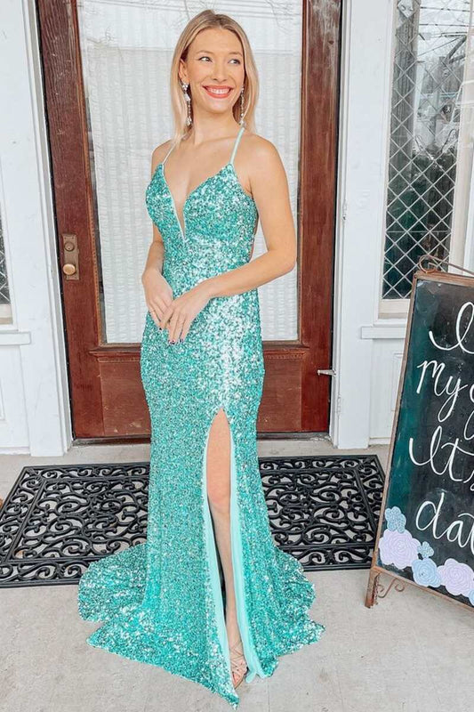 Langes Ballkleid im Meerjungfrau-Stil mit Pailletten und Schnürung am Rücken in Helljade