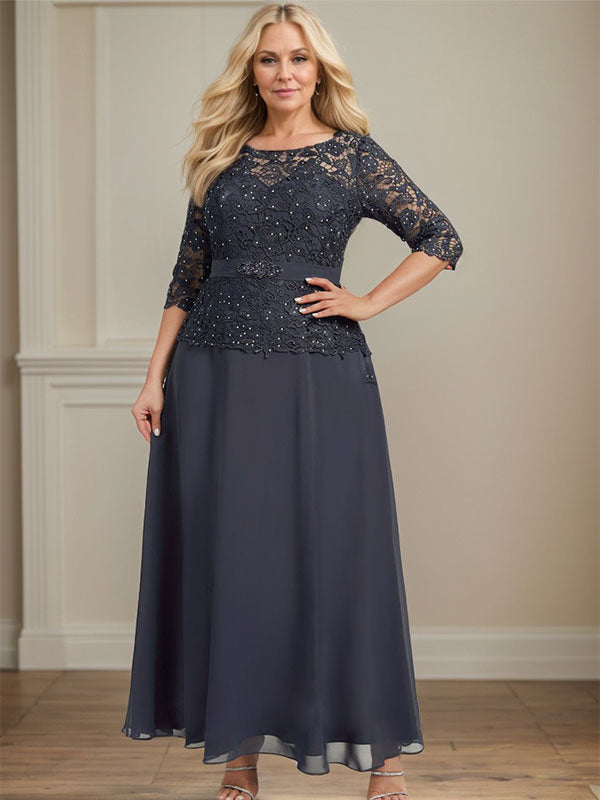 Vestido de gasa con encaje y escote en A, ilusión, largo hasta los tobillos, para madre de la novia con cuentas de diamantes de imitación