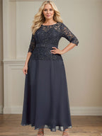 Vestido de gasa con encaje y escote en A, ilusión, largo hasta los tobillos, para madre de la novia con cuentas de diamantes de imitación