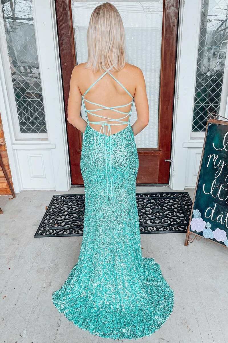 Langes Ballkleid im Meerjungfrau-Stil mit Pailletten und Schnürung am Rücken in Helljade