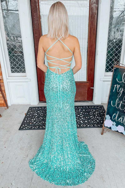 Langes Ballkleid im Meerjungfrau-Stil mit Pailletten und Schnürung am Rücken in Helljade