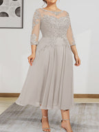 Vestido de gasa con encaje, corte A, ilusión, largo hasta la rodilla, para madre de la novia, con lentejuelas y abalorios
