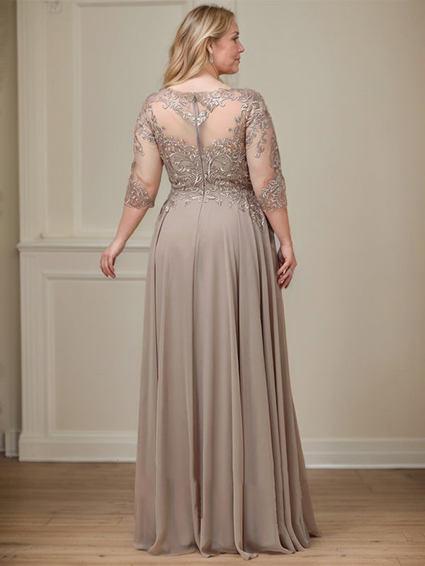 Vestido de gasa con encaje y lentejuelas para madre de la novia, corte A, escote ilusión, largo hasta el suelo